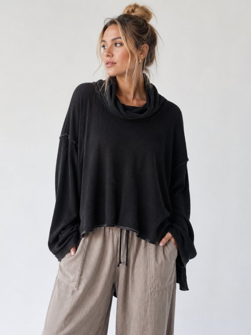 We The Free Free People Black Oversized Ribbed Cowl Neck Top Womens XS 1342